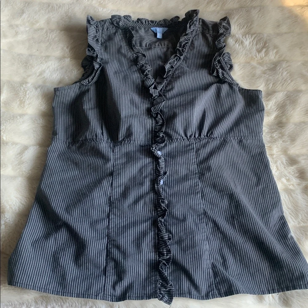 Y2K Denver Hayes grey black pinstripe sleeveless ruffle shirt top M - Picture 8 of 10